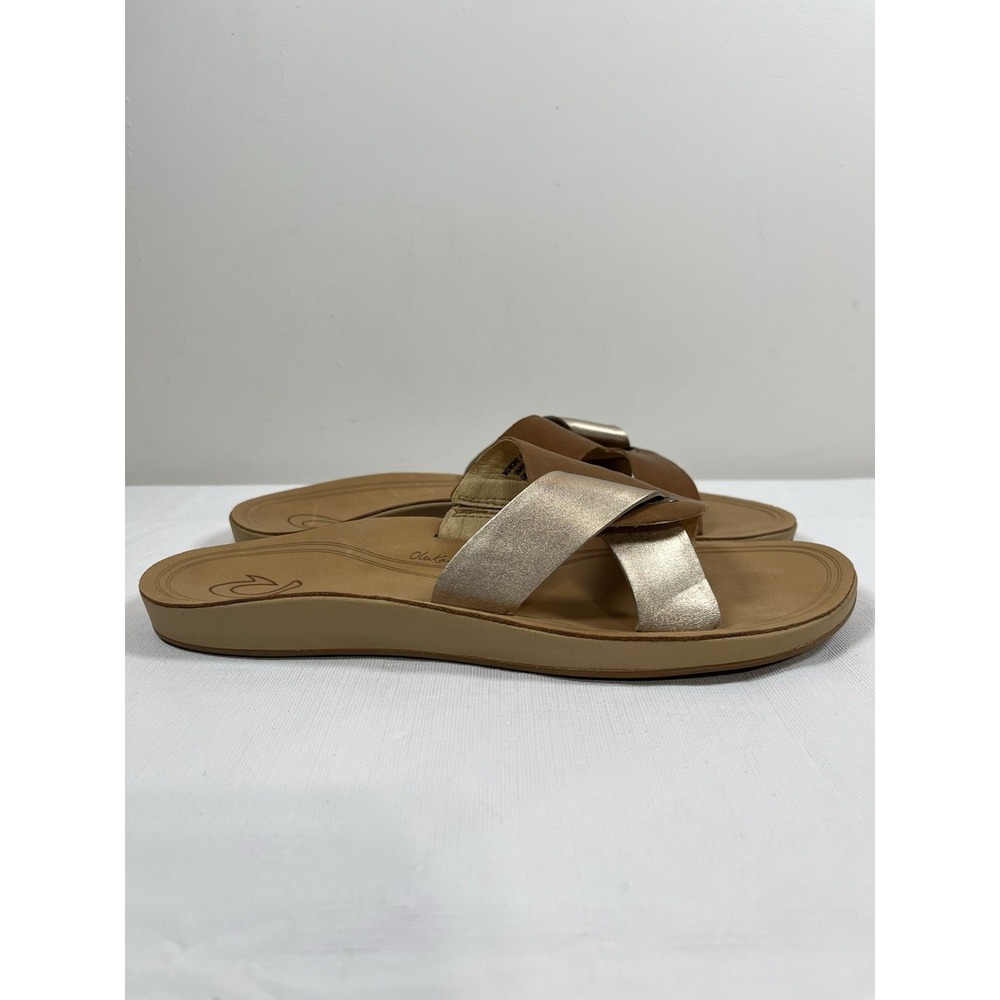 Olukai Womens 9/39 Nonohe Olu Slide Sandal Brown Gold Slip On Leather Flat Boho